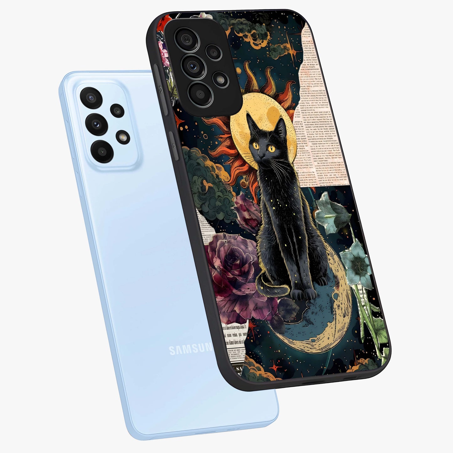 Celestial Black Cat Glass Case displayed in angled mockup highlighting cosmic black cat design with celestial aesthetic.