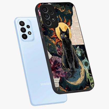 Celestial Black Cat Glass Case displayed in angled mockup highlighting cosmic black cat design with celestial aesthetic.