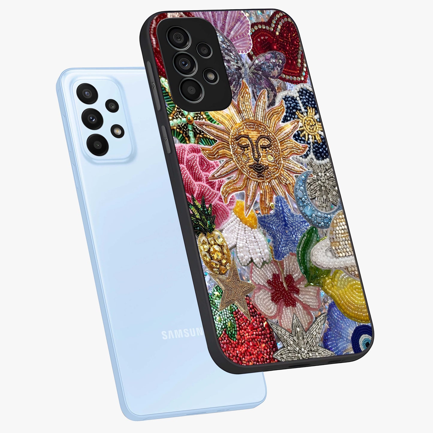 Celestial Floral and Playful Glass Case displayed in angled mockup highlighting playful floral design with dreamy celestial elements.