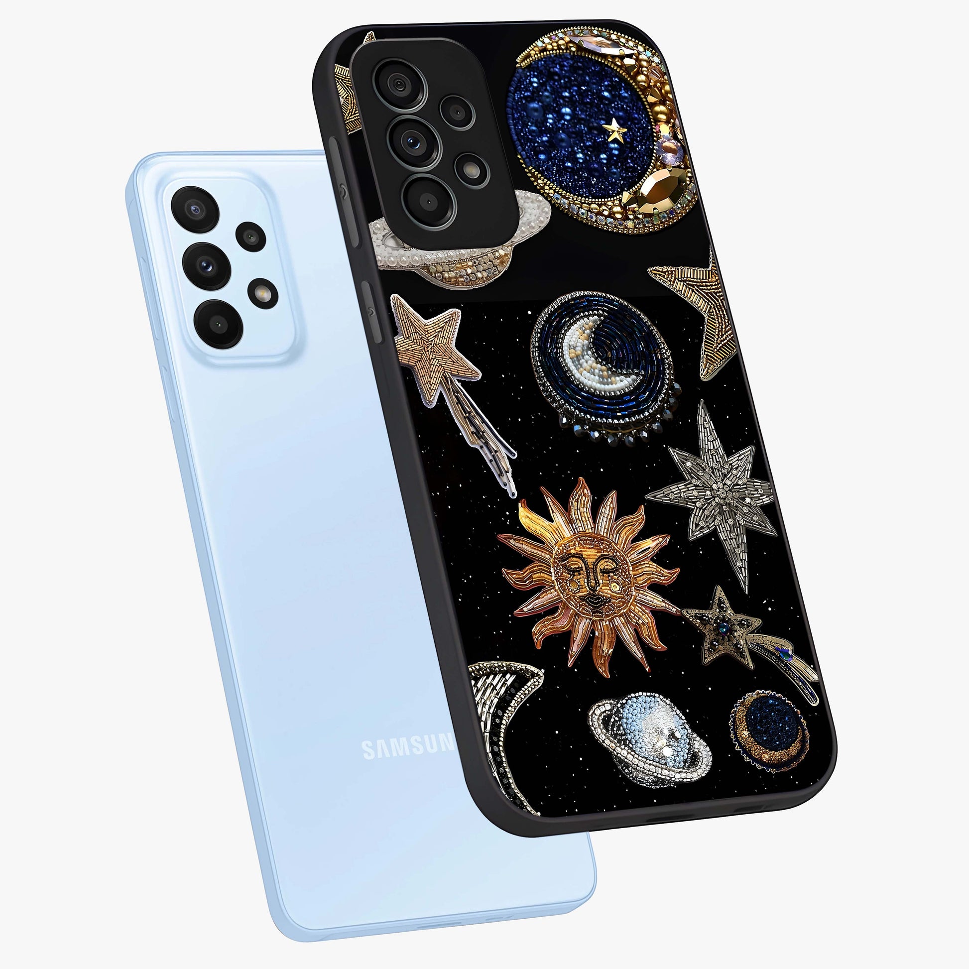 Celestial Gem Constellations Glass Case displayed in angled mockup highlighting gemstone inspired constellation design.