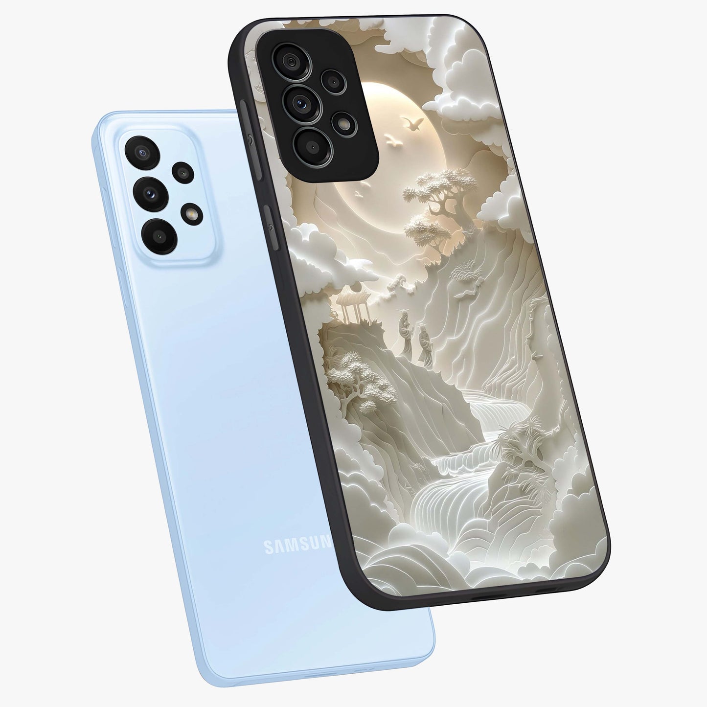 Celestial Origami Glass Case displayed in angled mockup highlighting geometric origami design with cosmic aesthetic theme.