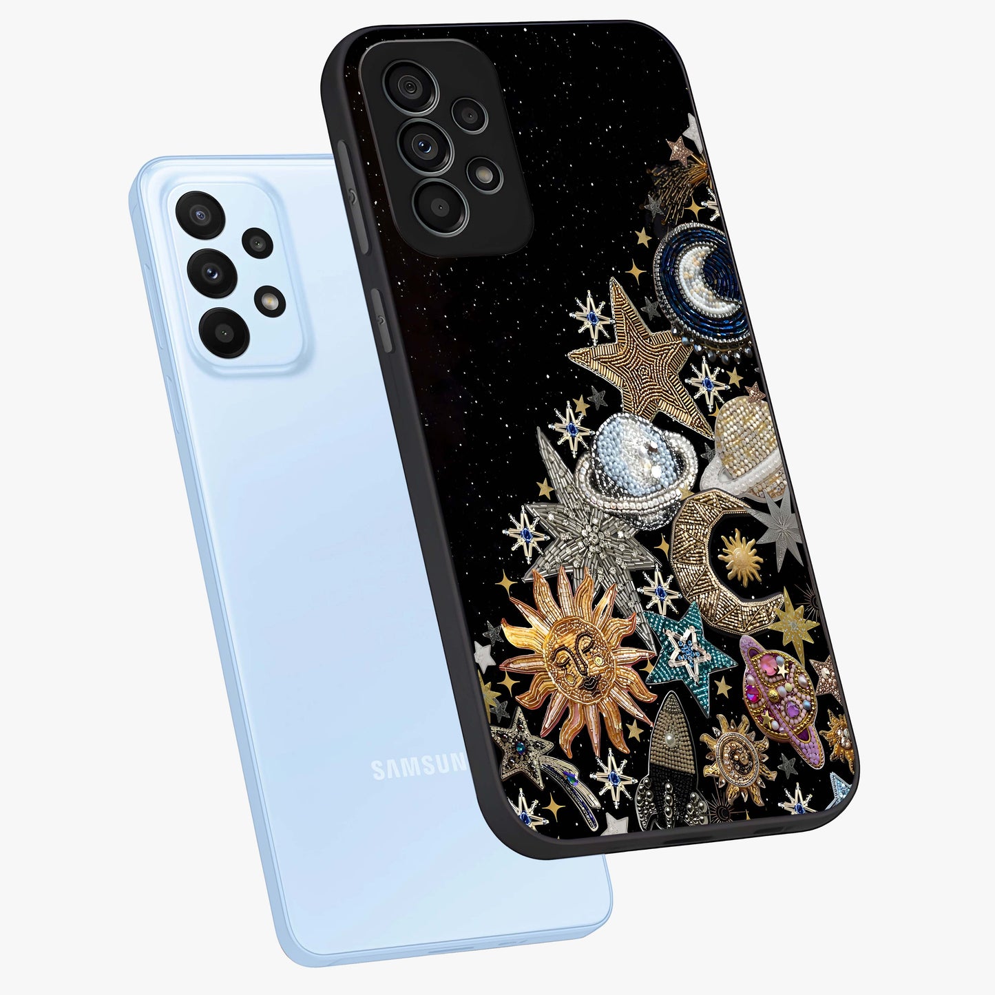 Cosmic Sparkle Dreams Glass Case displayed in angled mockup highlighting dreamy star sparkle design with celestial aesthetic.