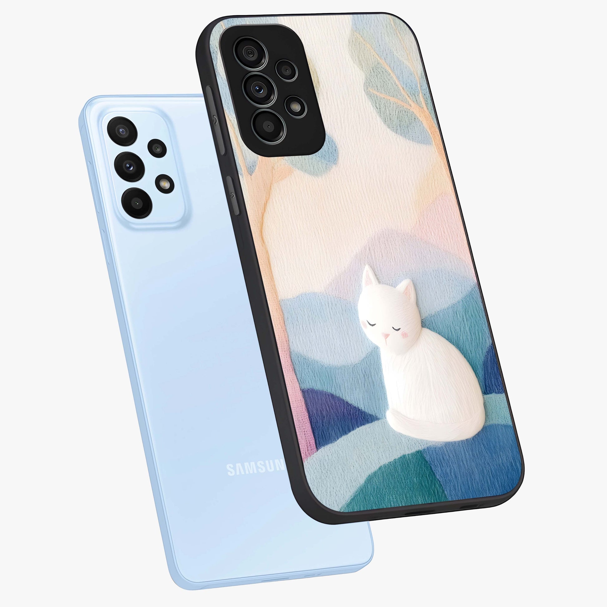 Cotton Dream Cat Glass Case displayed in angled mockup highlighting cute feline illustration with pastel aesthetic style.