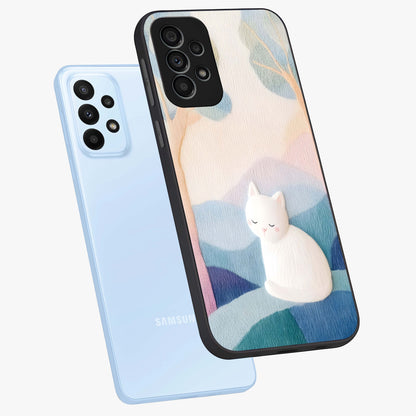 Cotton Dream Cat Glass Case displayed in angled mockup highlighting cute feline illustration with pastel aesthetic style.