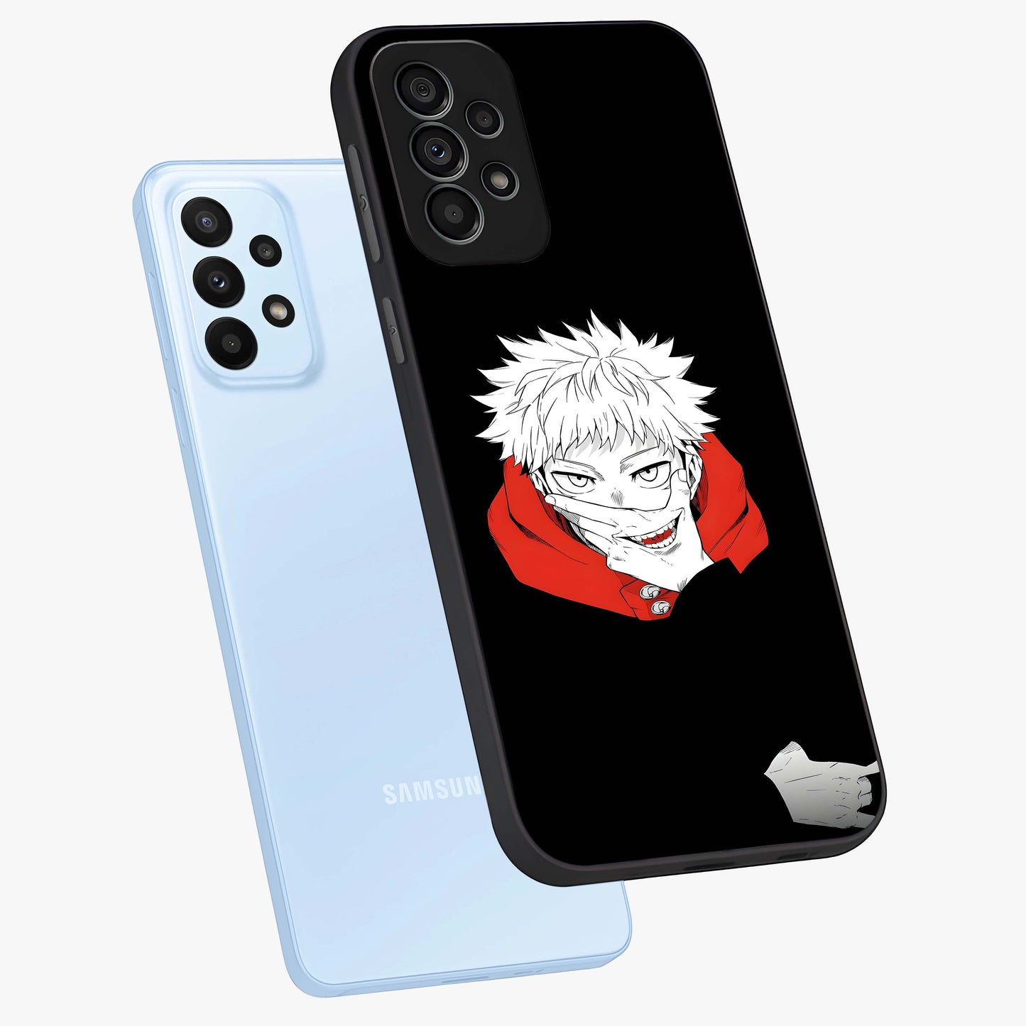 Crimson Chaos Smile Glass Case displayed in angled mockup highlighting edgy crimson smile design with graphic aesthetic.