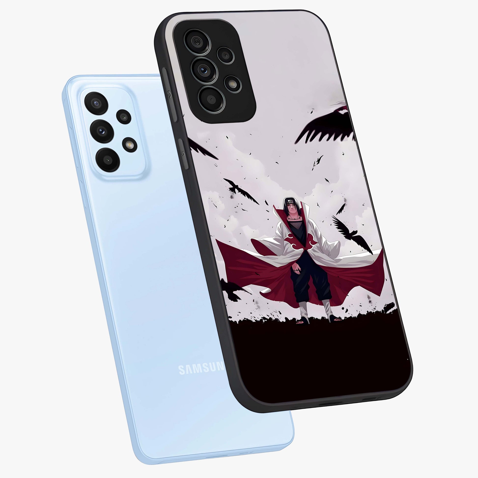 Crimson Crow Ascension Glass Case displayed in angled mockup highlighting powerful crow illustration with dark crimson aesthetic.