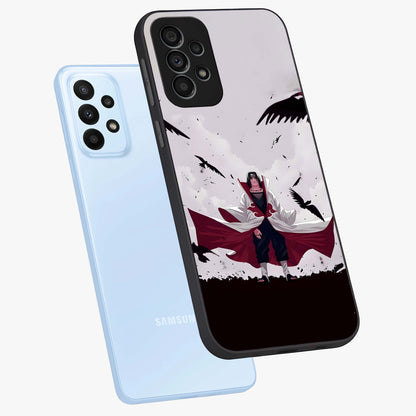 Crimson Crow Ascension Glass Case displayed in angled mockup highlighting powerful crow illustration with dark crimson aesthetic.