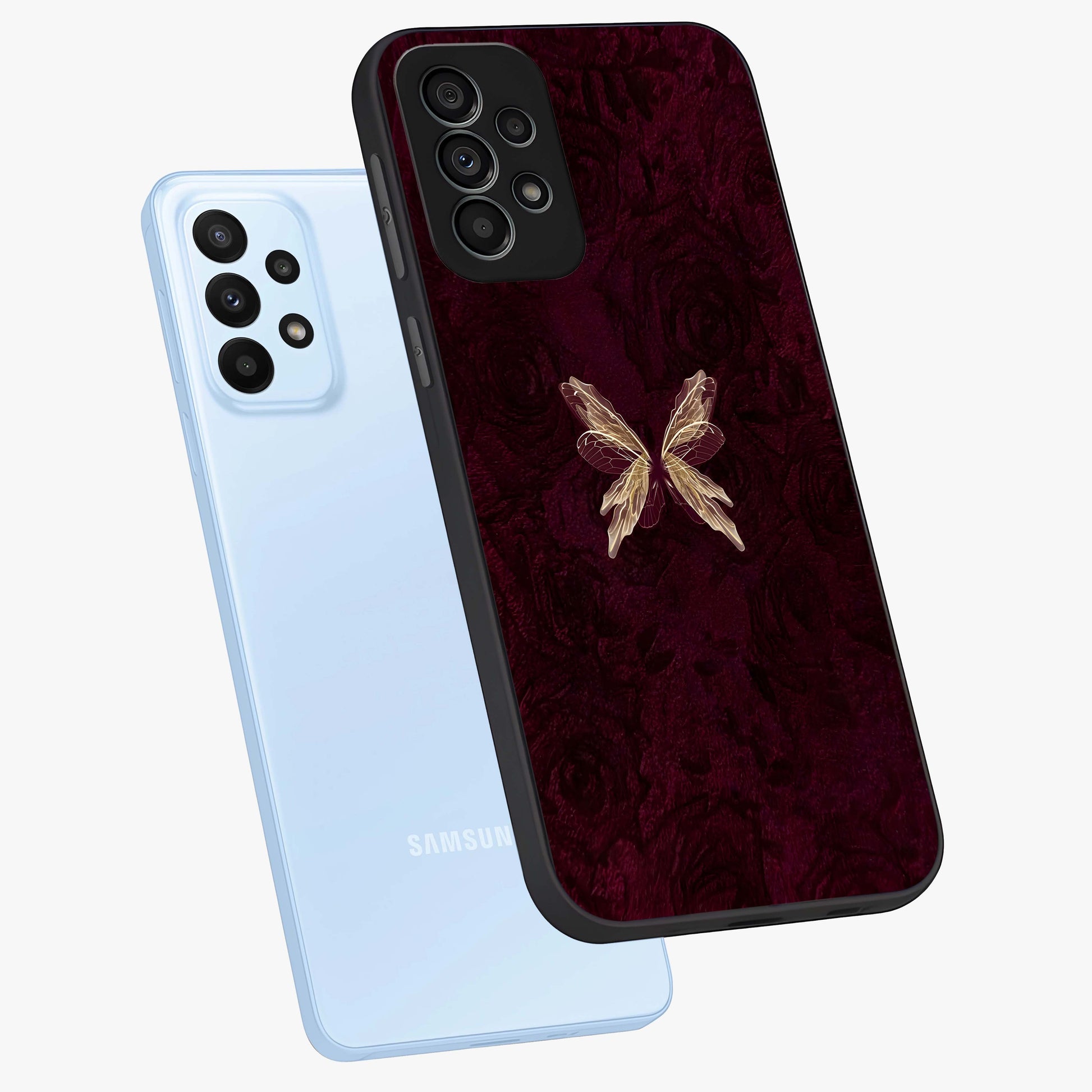 Crimson Fade Butterfly Glass Case displayed in angled mockup highlighting elegant butterfly design with crimson gradient aesthetic.