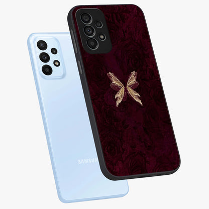 Crimson Fade Butterfly Glass Case displayed in angled mockup highlighting elegant butterfly design with crimson gradient aesthetic.