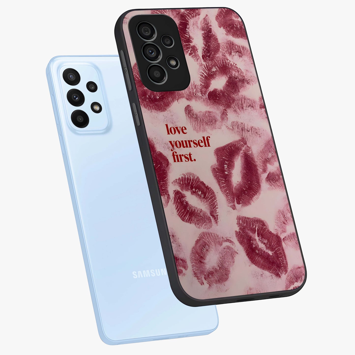 Crimson Kiss Love Glass Case displayed in angled mockup highlighting bold love inspired design with modern aesthetic style.