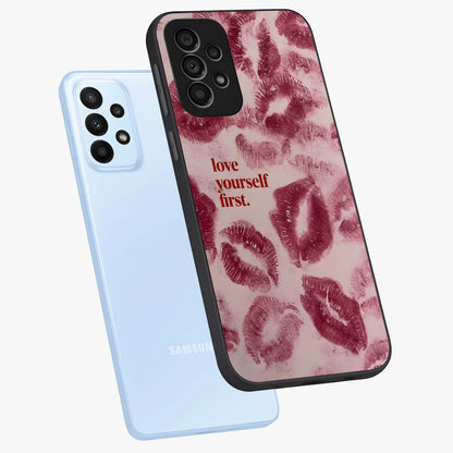 Crimson Kiss Love Glass Case displayed in angled mockup highlighting bold love inspired design with modern aesthetic style.