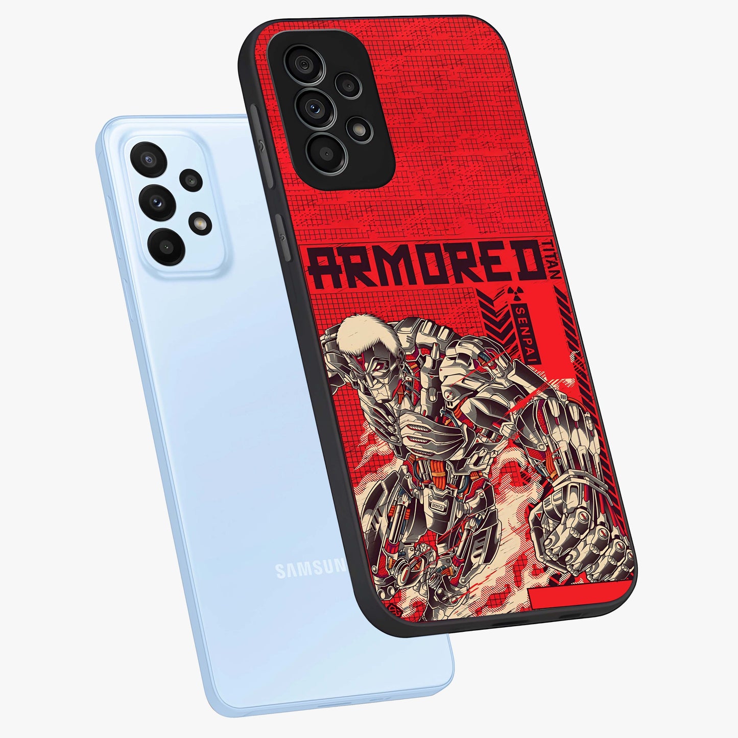 Crimson Mecha Titan Glass Case displayed in angled mockup highlighting futuristic mech illustration with bold crimson aesthetic.