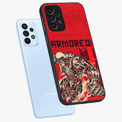 Crimson Mecha Titan Glass Case displayed in angled mockup highlighting futuristic mech illustration with bold crimson aesthetic.