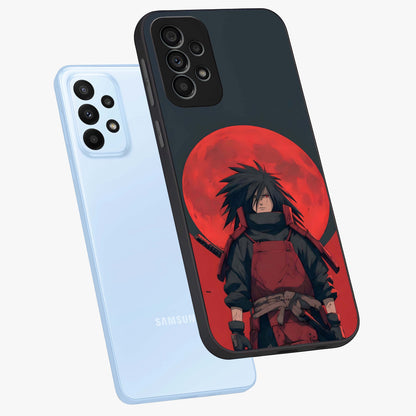 Crimson Moon Warlord Glass Case displayed in angled mockup highlighting dramatic crimson moon design with fantasy aesthetic.