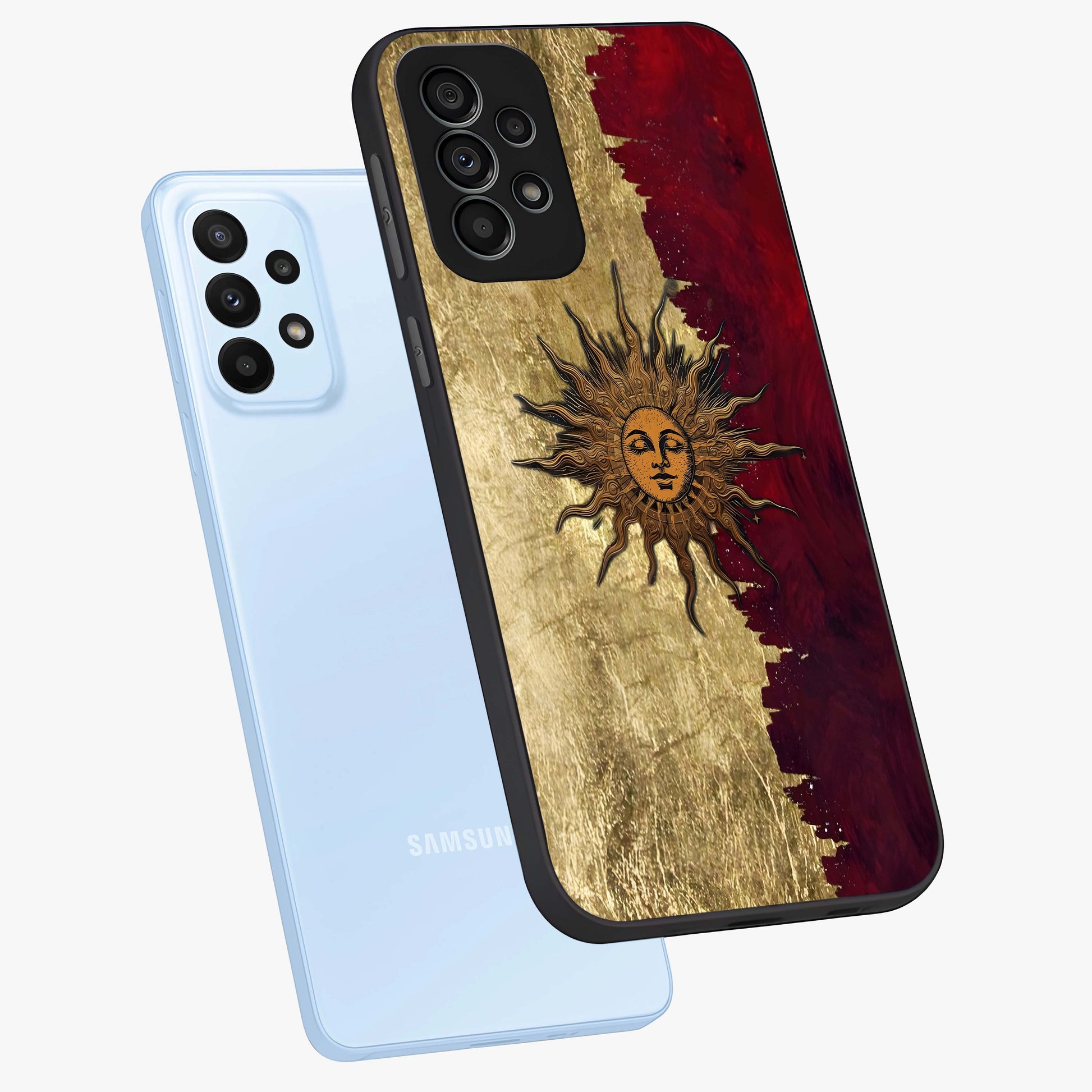 Crimson Sun Majesty Glass Case displayed in angled mockup highlighting majestic crimson sun design with bold aesthetic style.