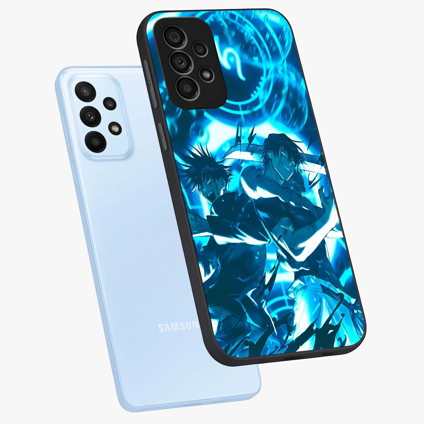 Cursed Energy Clash Glass Case displayed in angled mockup highlighting powerful battle inspired graphic with anime style aesthetic.