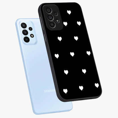 Cute And Simple White Hearts Glass Case displayed in angled mockup highlighting cute heart design with clean aesthetic style.