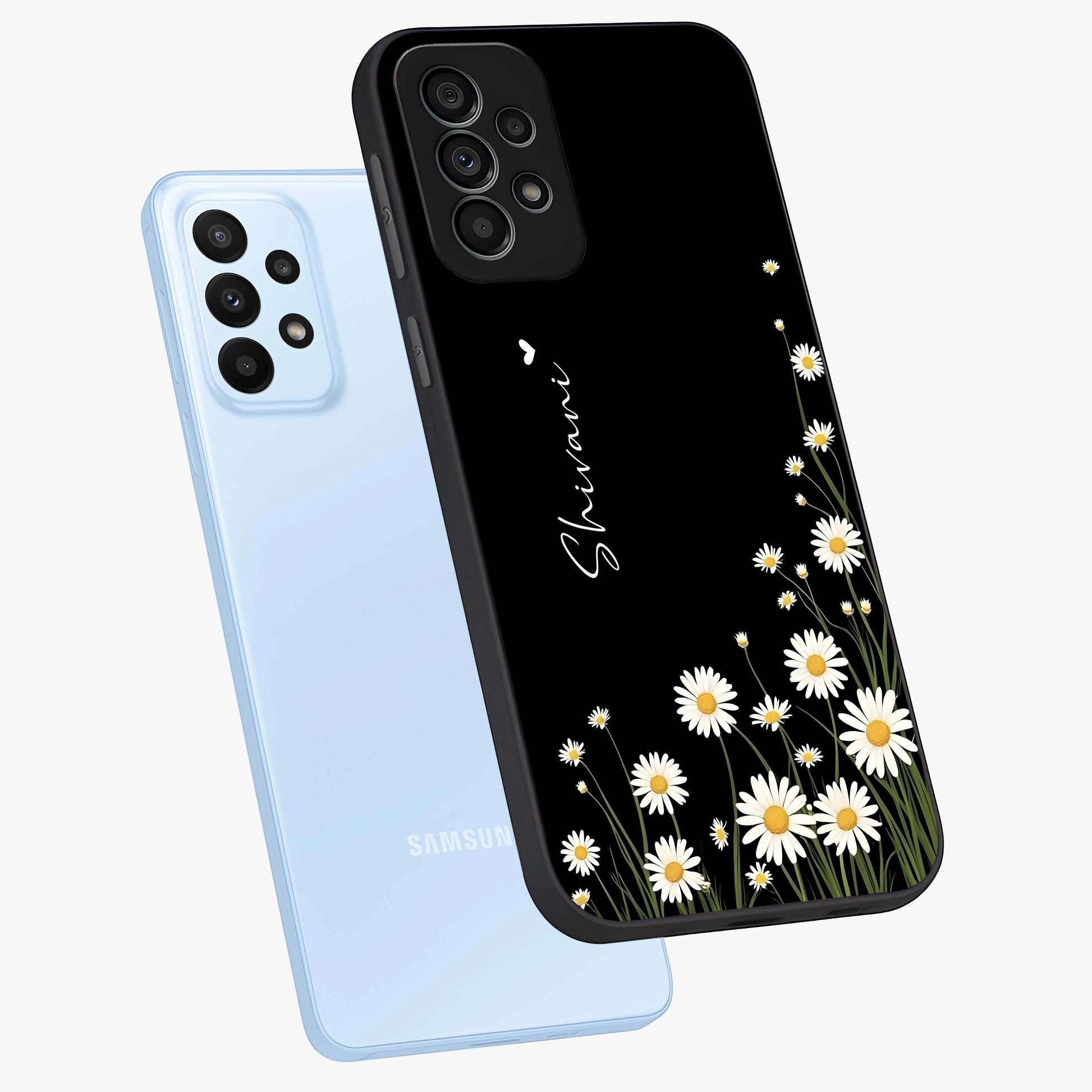 Daisy Cascade Custom Name Glass Case displayed in angled mockup highlighting delicate daisy artwork with custom name feature.