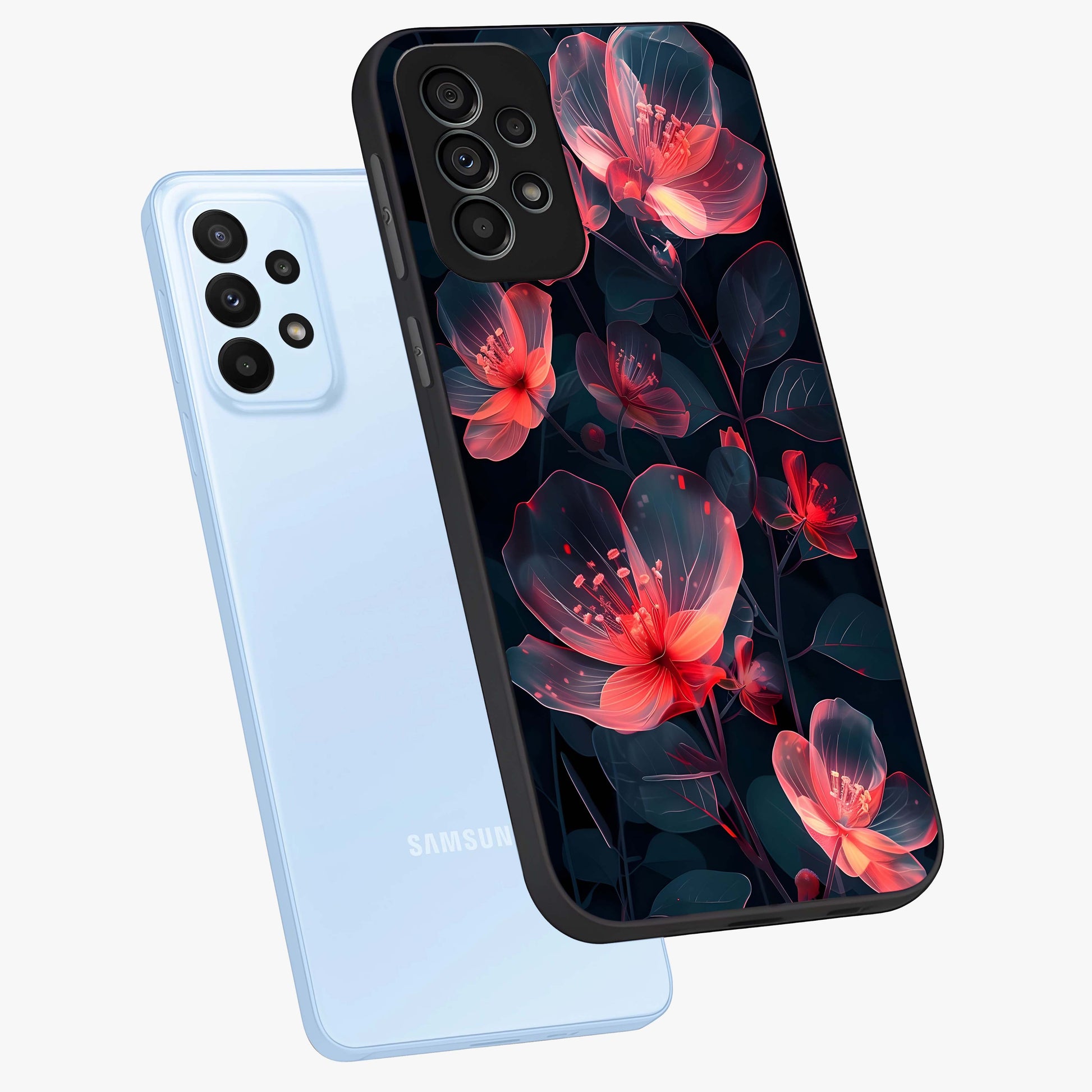 Dark Shade of Flower Glass Case displayed in angled mockup highlighting moody floral illustration with aesthetic dark tones.