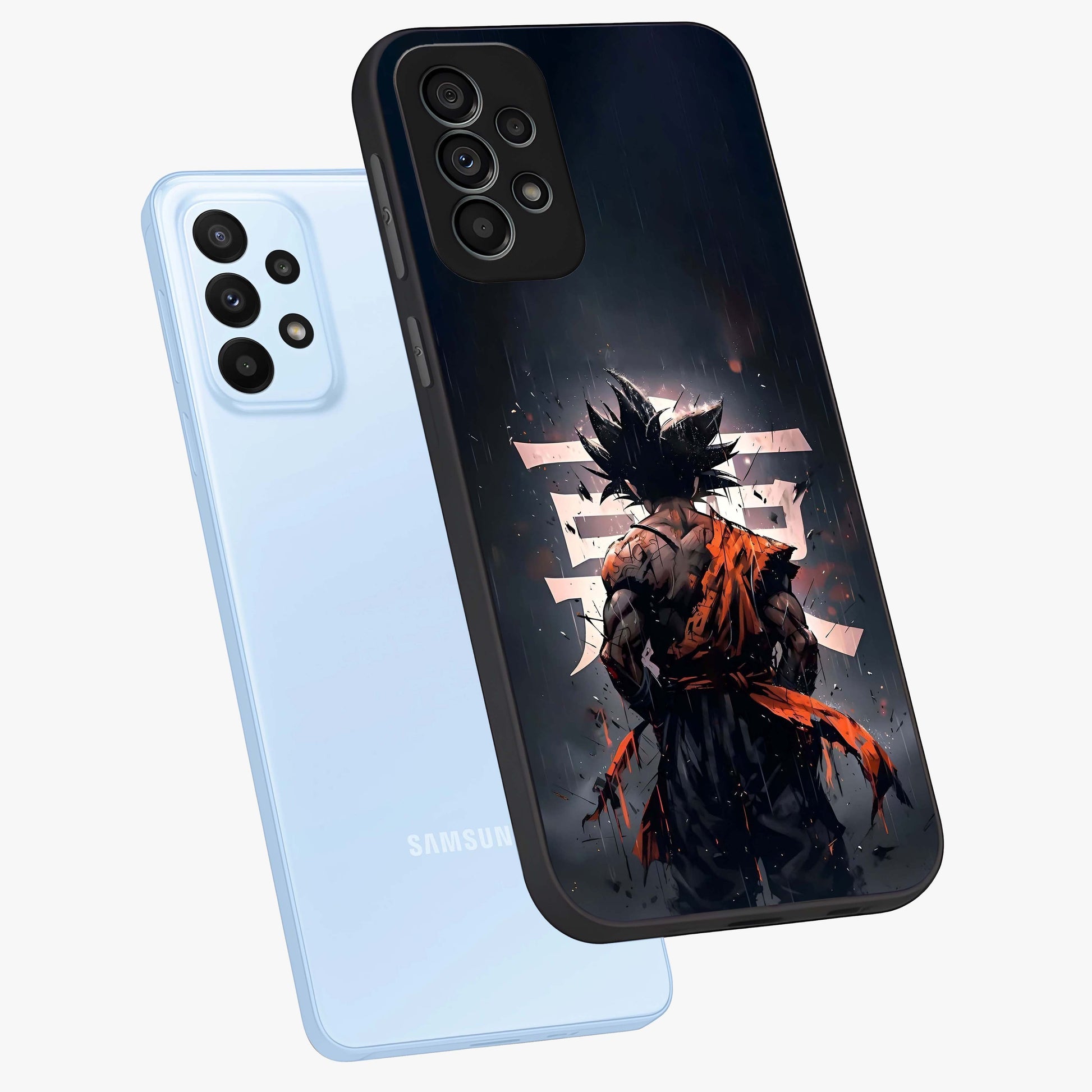 Dark Warrior In Rain Glass Case displayed in angled mockup highlighting dramatic warrior illustration with dark rain aesthetic.