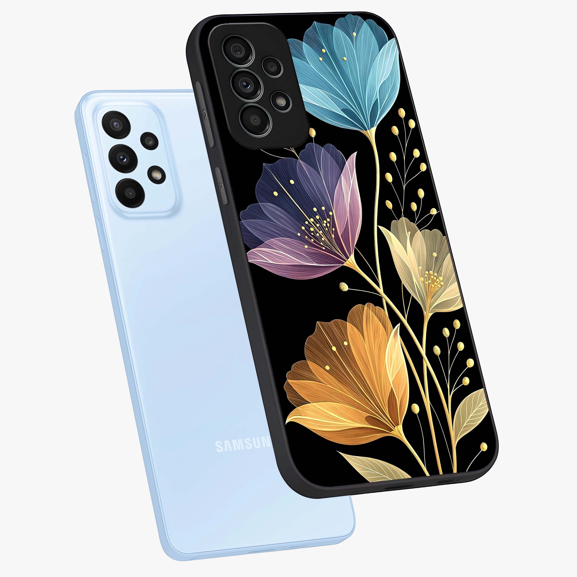 Delicate Multicolor Flowers Glass Case displayed in angled mockup highlighting colorful flower pattern with soft aesthetic style.