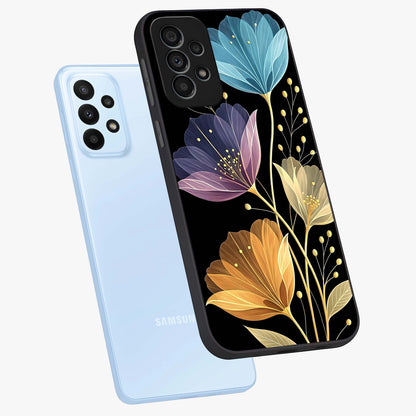 Delicate Multicolor Flowers Glass Case displayed in angled mockup highlighting colorful flower pattern with soft aesthetic style.