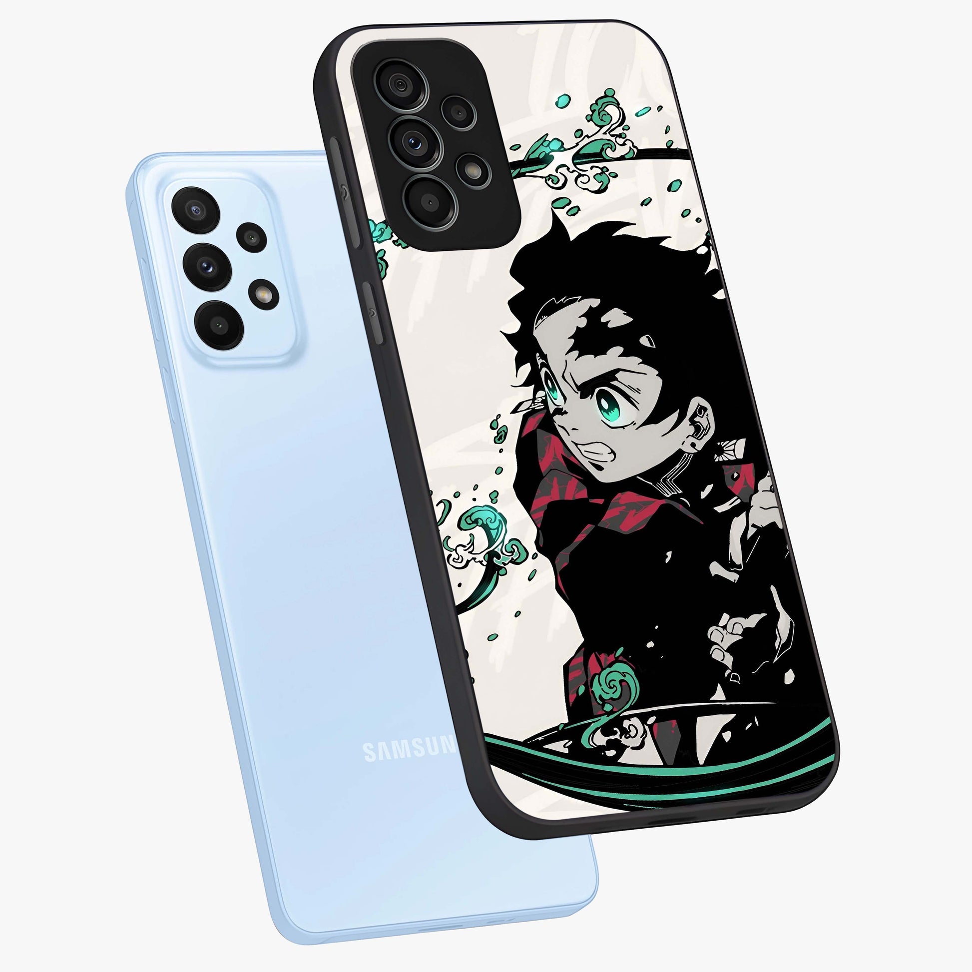 Demon Slayer Glass Case displayed in angled mockup highlighting dramatic anime character design with action aesthetic.