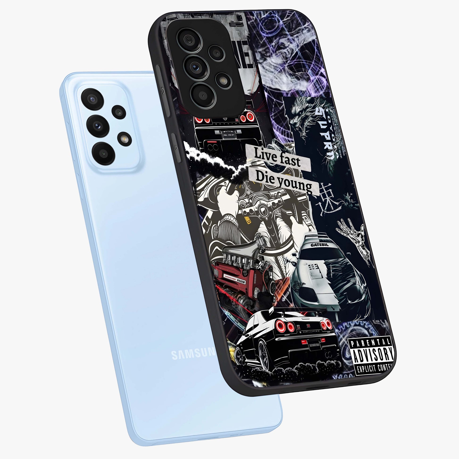 Die Young Glass Case displayed in angled mockup highlighting expressive graphic artwork with edgy aesthetic style.