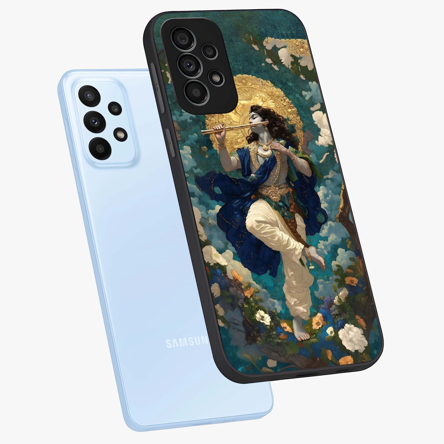 Divine Krishna Art Glass Case displayed in angled mockup highlighting spiritual Krishna illustration with devotional aesthetic.