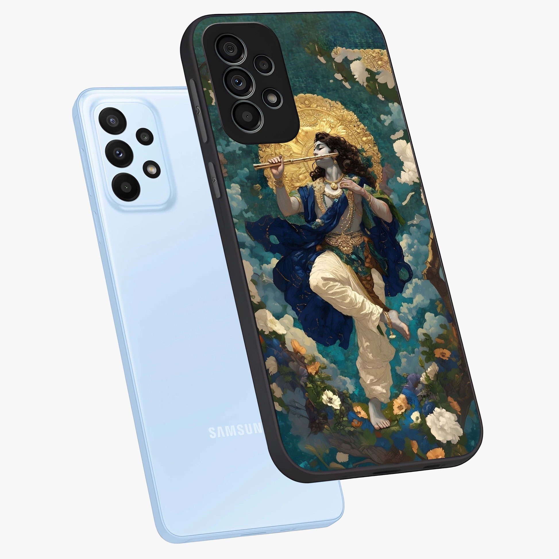 Divine Krishna Art Glass Case displayed in angled mockup highlighting spiritual Krishna illustration with devotional aesthetic.