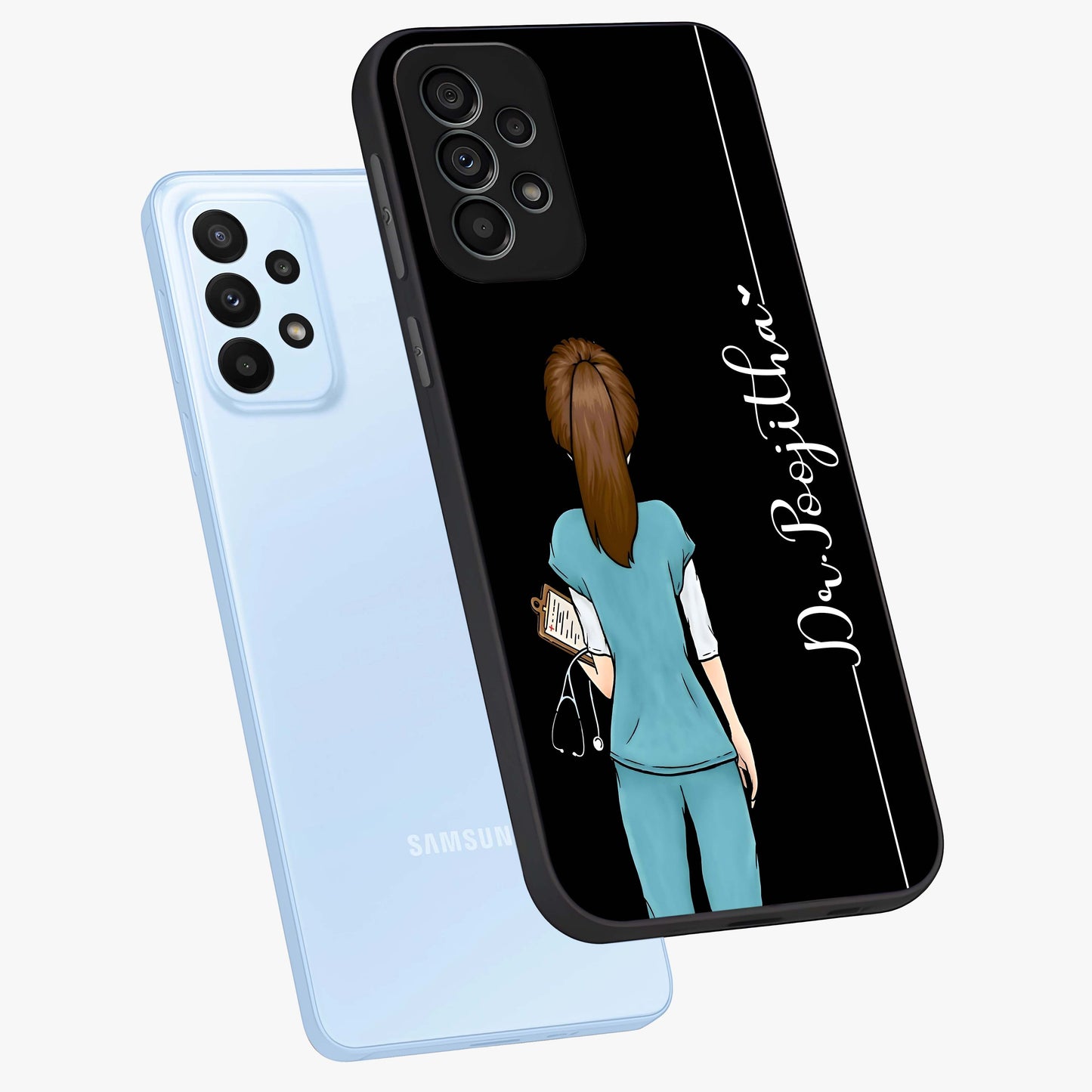 Doctor Pattern Custom Name Glass Case displayed in angled mockup highlighting doctor inspired artwork with custom name feature.