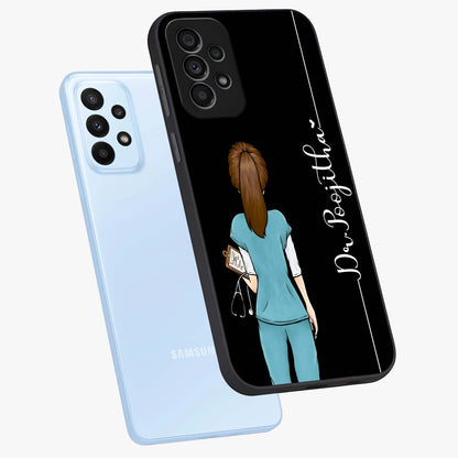 Doctor Pattern Custom Name Glass Case displayed in angled mockup highlighting doctor inspired artwork with custom name feature.