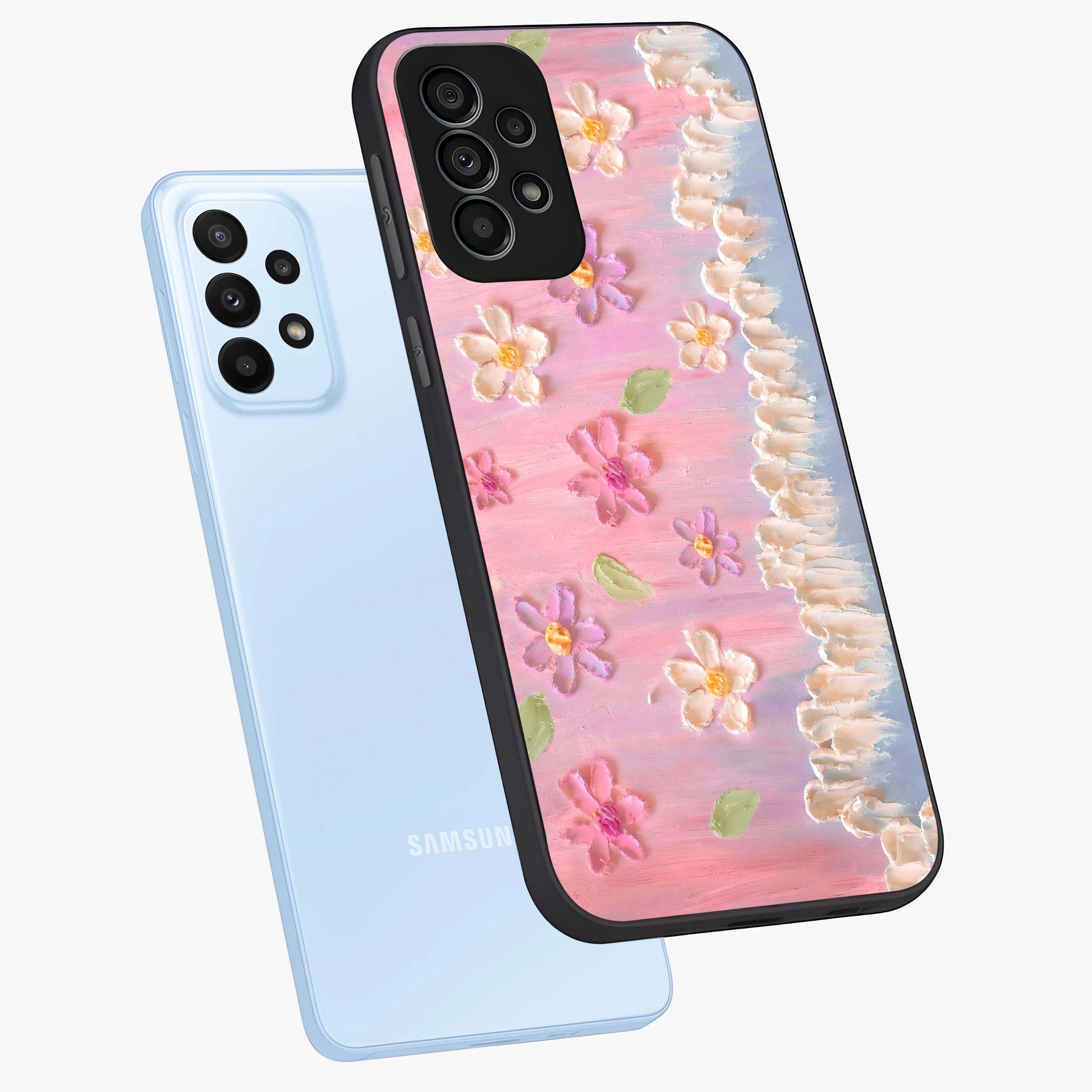 Dreamy Painted Garden Glass Case displayed in angled mockup highlighting colorful garden illustration with dreamy aesthetic style.