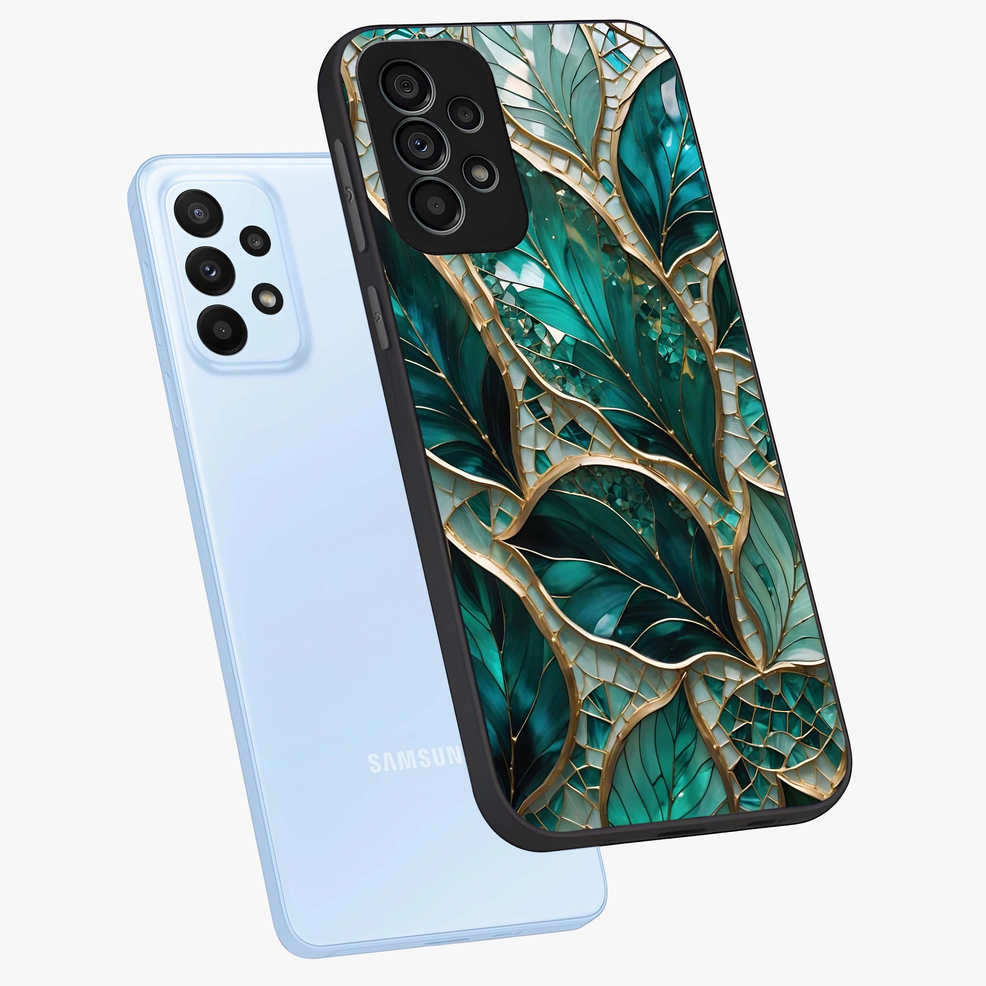 Emerald Leaf Glass Glass Case displayed in angled mockup highlighting botanical leaf illustration with elegant natural aesthetic.