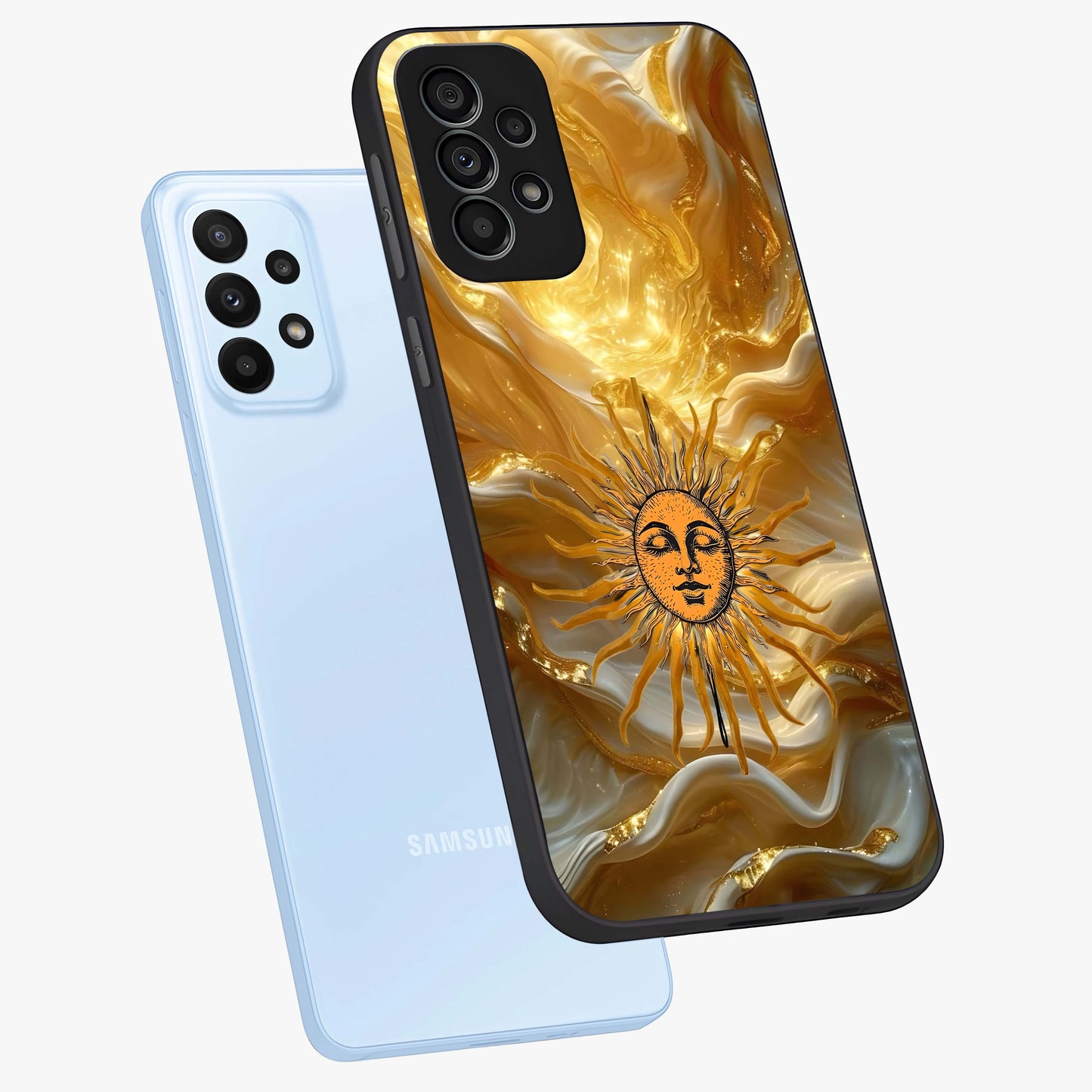 Eternal Golden Glow Glass Case displayed in angled mockup highlighting glowing golden aesthetic design with elegant style.