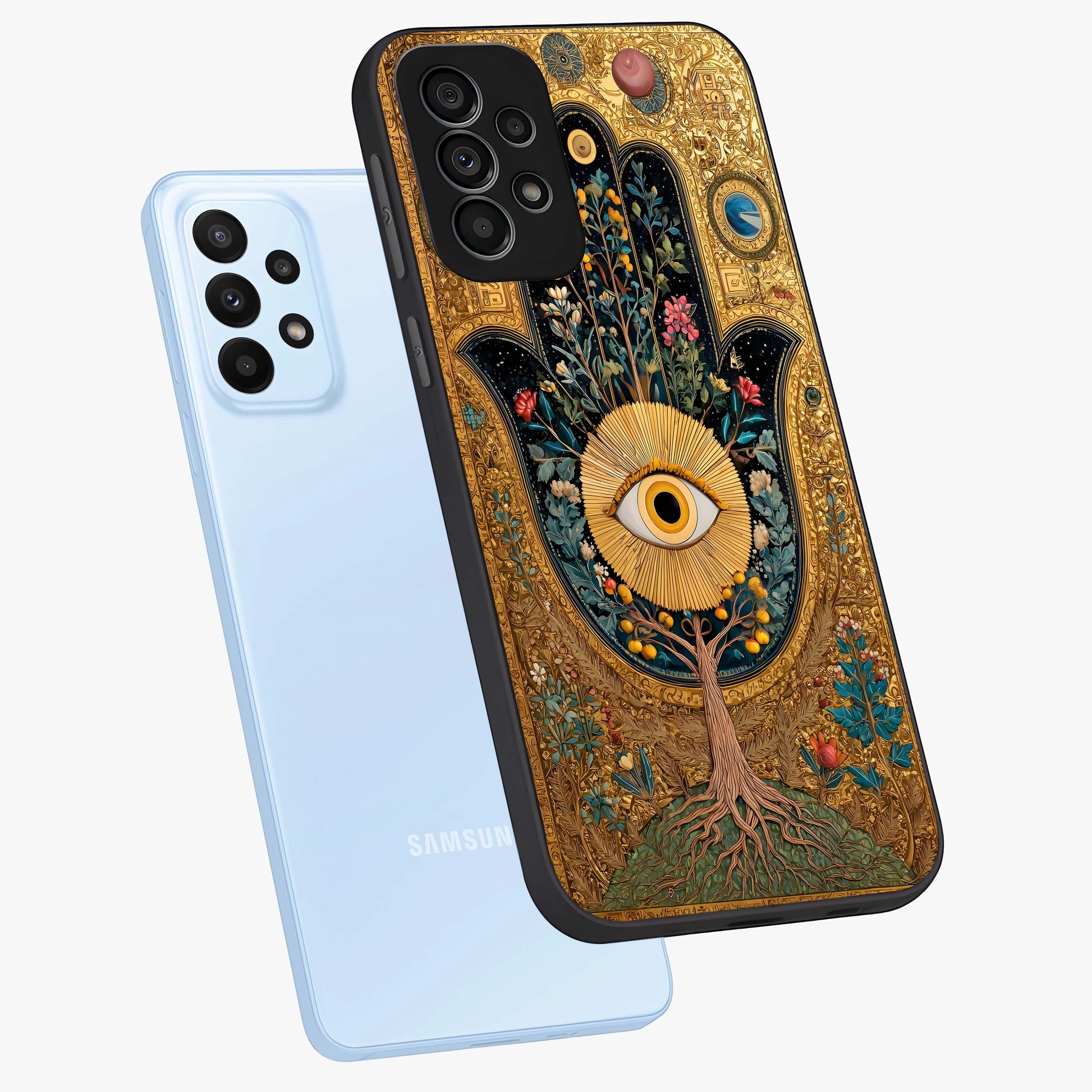 Ethereal Evil Eye Glass Case displayed in angled mockup highlighting protective evil eye symbol with spiritual aesthetic design.