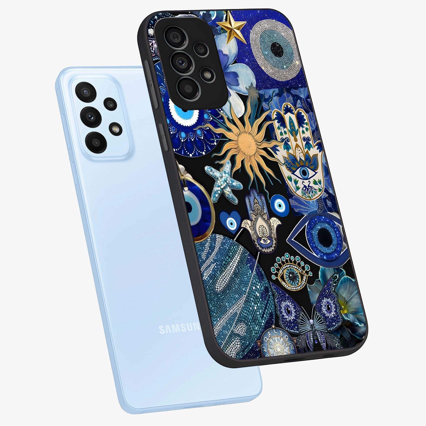 Evil Eye Charm Mix Glass Case displayed in angled mockup highlighting protective evil eye symbols with spiritual aesthetic design.