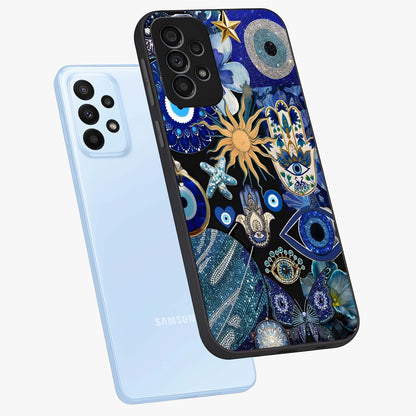 Evil Eye Charm Mix Glass Case displayed in angled mockup highlighting protective evil eye symbols with spiritual aesthetic design.