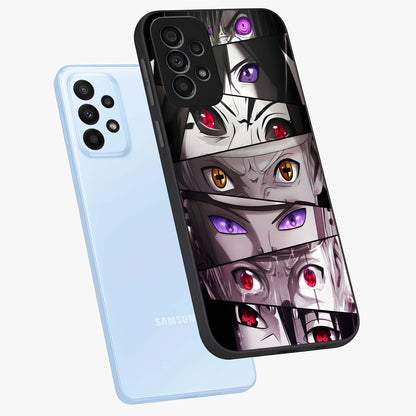 Eyes of Destiny Glass Case displayed in angled mockup highlighting bold eye illustration with mystical aesthetic style.