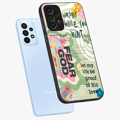 Faith Over Fear Glass Case displayed in angled mockup highlighting inspirational message design with modern aesthetic style.