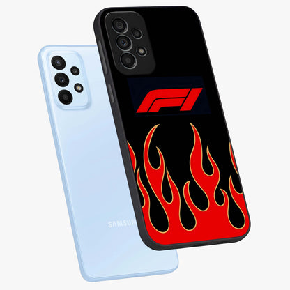 Fire F11 Glass Case displayed in angled mockup highlighting bold fire inspired graphic with energetic aesthetic style.
