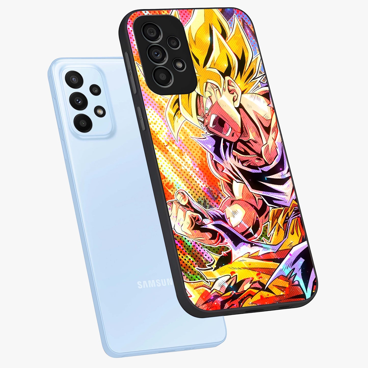 Firing Goku Glass Case displayed in angled mockup highlighting dynamic anime character design with action aesthetic.