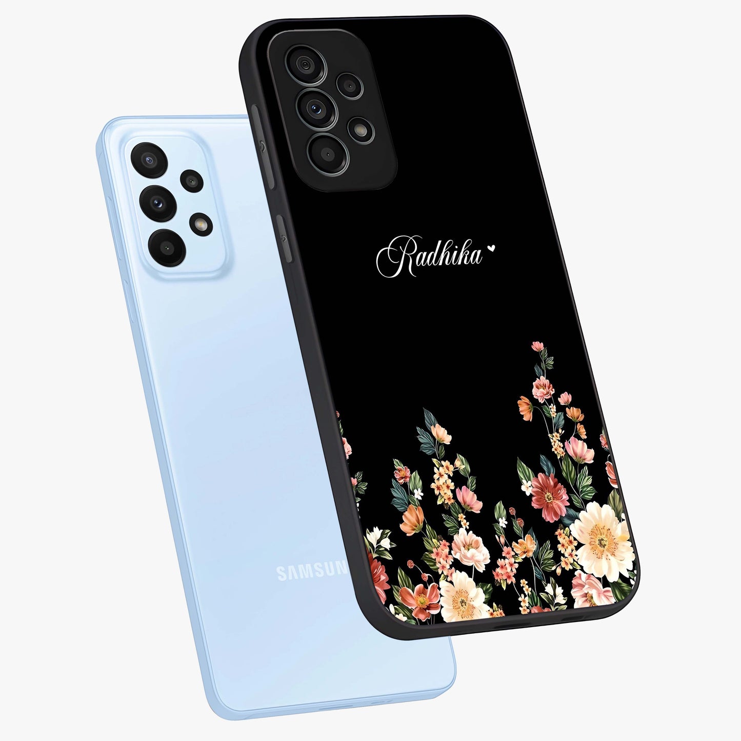 Floral Design With a Custom Personalized Name Glass Case displayed in angled mockup highlighting elegant floral pattern with custom name feature.