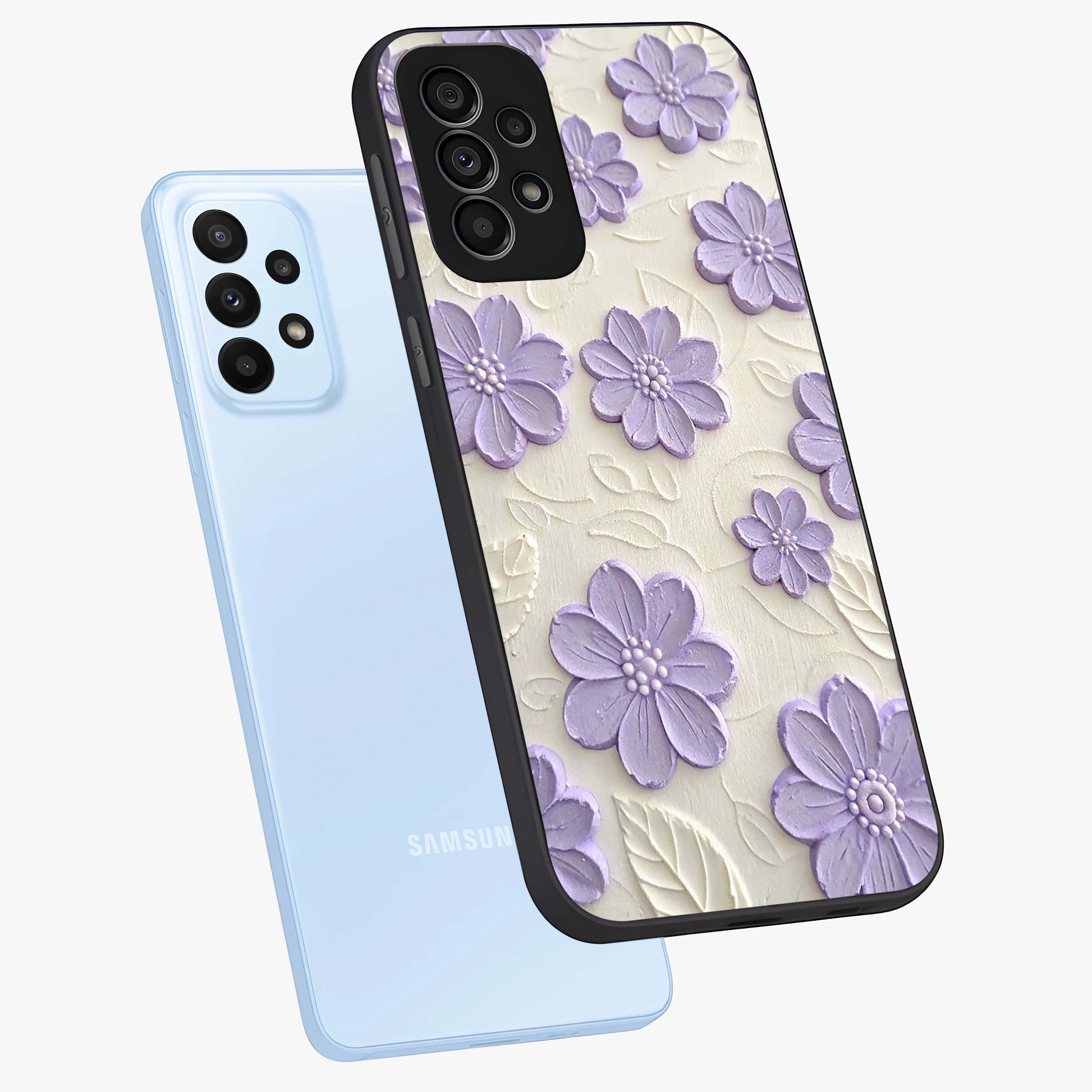 Floral Wall Art With Purple Flowers Glass Case displayed in angled mockup highlighting vibrant purple floral illustration with artistic aesthetic.