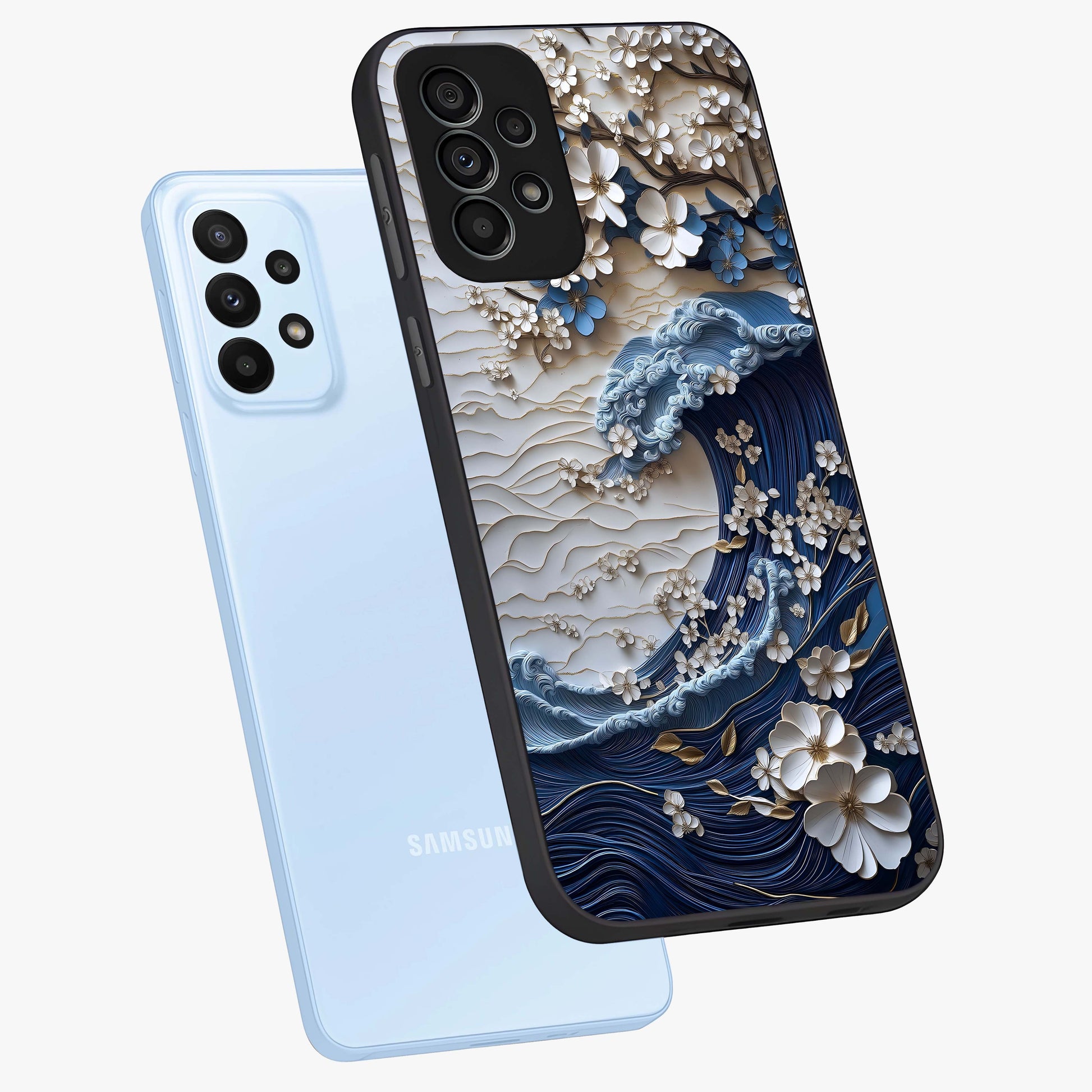 Floral Wave Origami Glass Case displayed in angled mockup highlighting geometric origami flower design with modern aesthetic style.