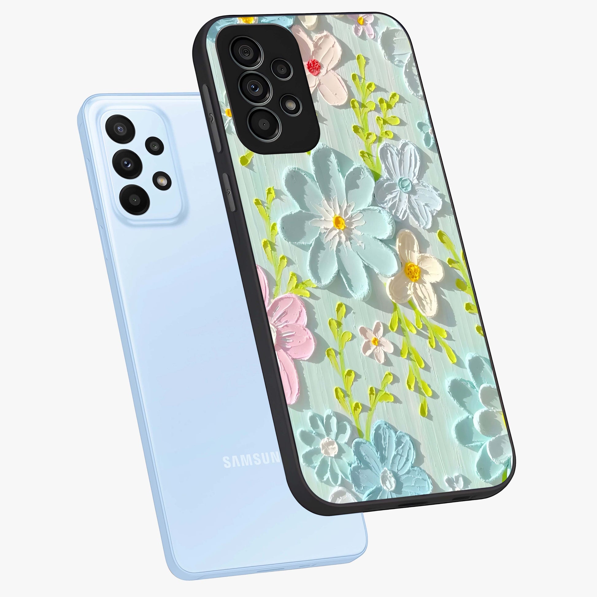 Frosted Petal Garden Glass Case displayed in angled mockup highlighting delicate flower petal design with calm garden aesthetic.