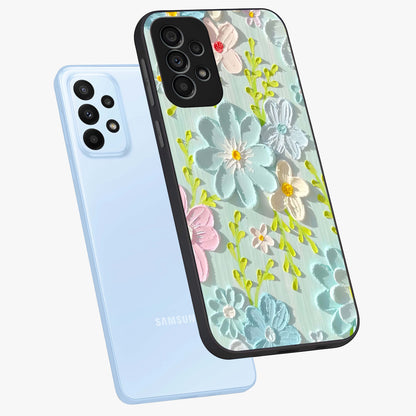 Frosted Petal Garden Glass Case displayed in angled mockup highlighting delicate flower petal design with calm garden aesthetic.