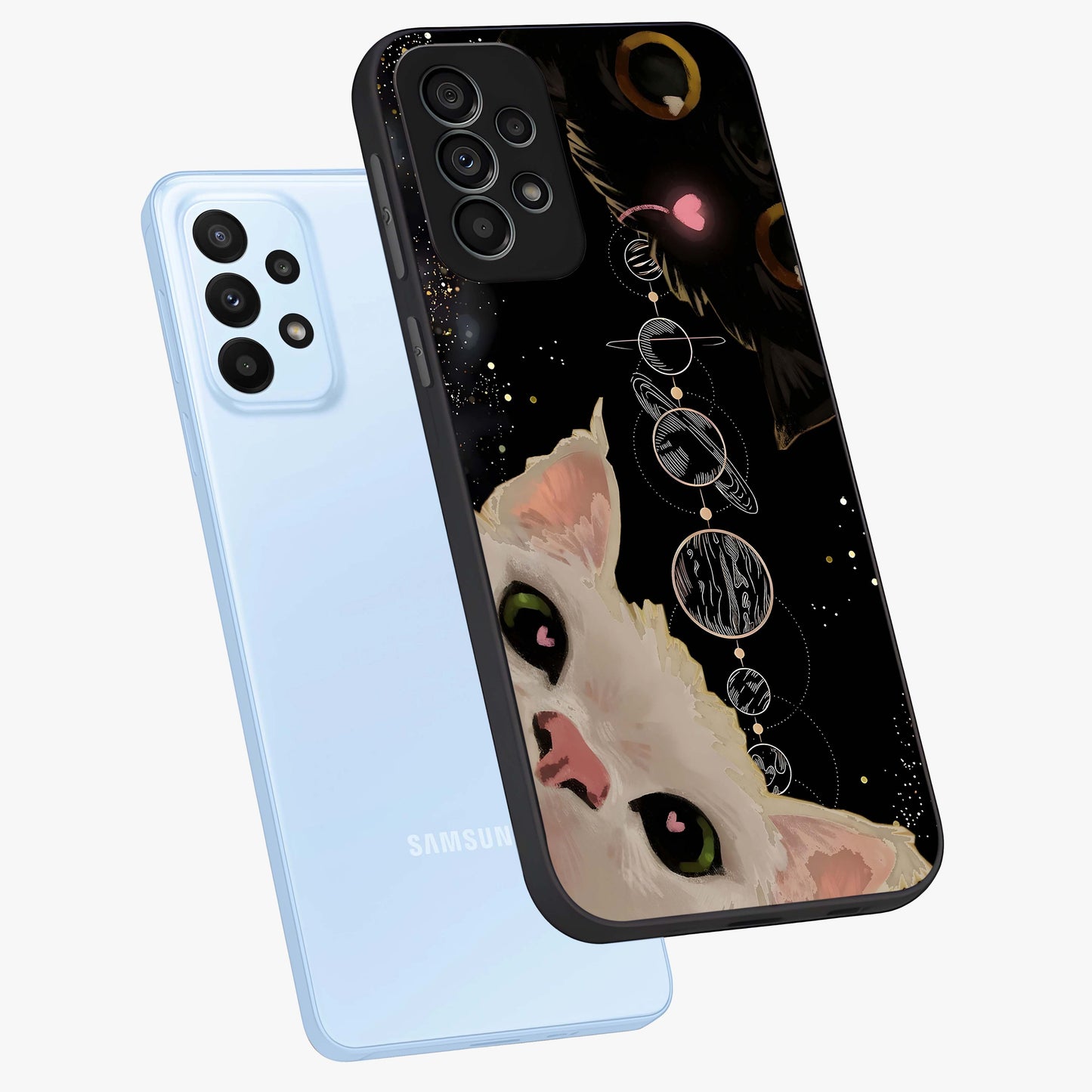 Galactic Cat Glass Case displayed in angled mockup highlighting celestial feline illustration with galaxy aesthetic style.