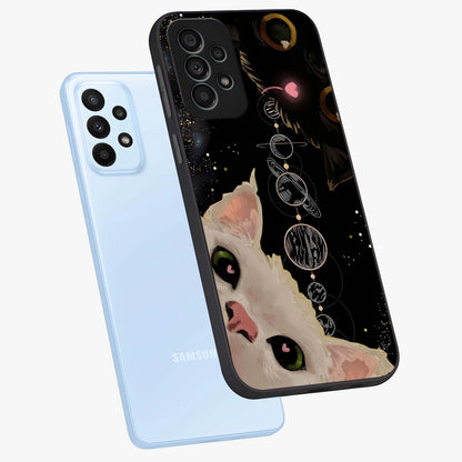 Galactic Cat Glass Case displayed in angled mockup highlighting celestial feline illustration with galaxy aesthetic style.
