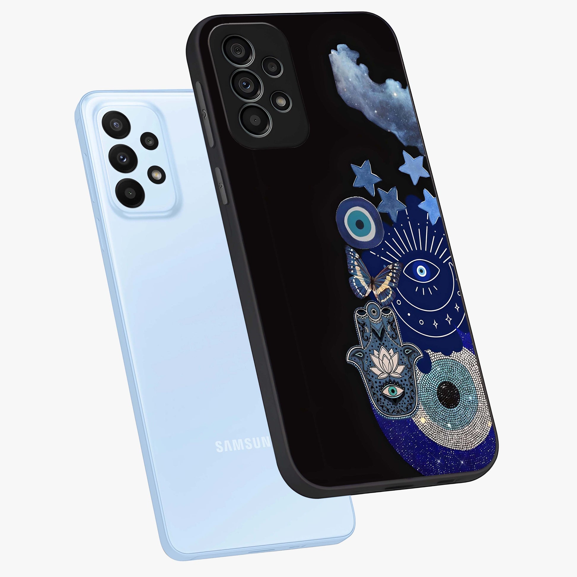 Galactic Charm Cluster Glass Case displayed in angled mockup highlighting luminous galaxy inspired design with dreamy aesthetic.